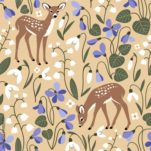 Seamless vector pattern with cute fawn on spring floral background. Perfect for textile, wallpaper or print design. 