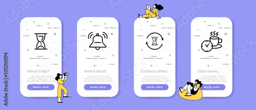 Time management set icon. Hourglass, alarm clock, flip hourglass, coffee break. Date concept. UI phone app screens with people. Vector line icon for Business and Advertising