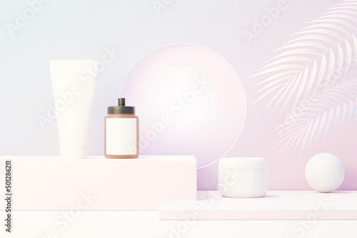 3d render of blank cosmetics skincare product or packaging for mock up. Beauty soap and spa concept. Lotion oil moisture for skin health. Premium and luxury design for branding. © TANATPON