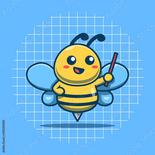 Cute bee character studying with stick vector illustration. Flat cartoon style