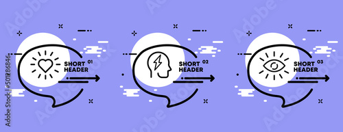 Positive think set icon. Hearth, head, brain, energy, eye. Motivation concept. Infographic timeline with icons and 3 steps. Vector line icon for Business and Advertising