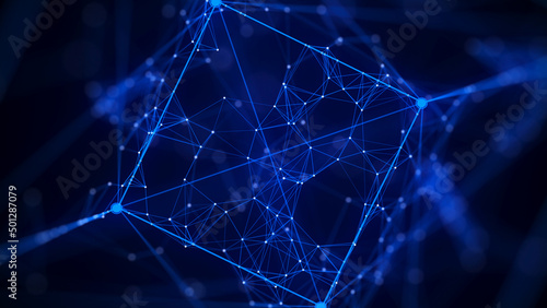 Cube of plexus lines. Technological structures. Digital blockchain concept and data transfer system. Abstract wireframe cube. 3d rendering.