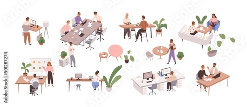 Fototapeta Naklejka Na Ścianę i Meble -  People at office work set. Business workers, employees at workplaces with desk, computers. Men, women colleagues at corporate lifestyle scenes. Flat vector illustrations isolated on white background