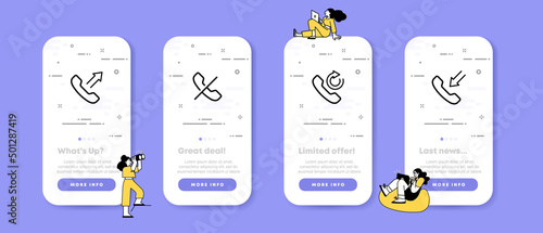 Phone set icon. Call back button. Incoming, outgoing, missed call. Communication concept. UI phone app screens with people. Vector line icon for Business and Advertising
