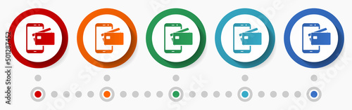 Online payment, credit card concept vector icon set, infographic template, flat design circle colorful web buttons in 5 color options