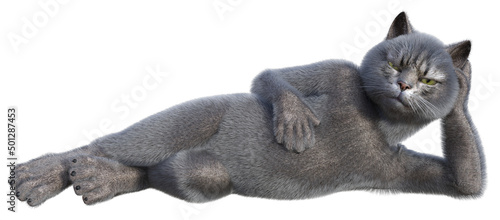 Gray anthropomorphic cat laying on side relaxed. 3d render isolated on white