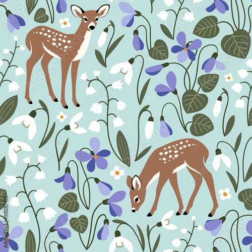  Seamless vector pattern with cute fawn on spring floral background. Perfect for textile, wallpaper or print design.