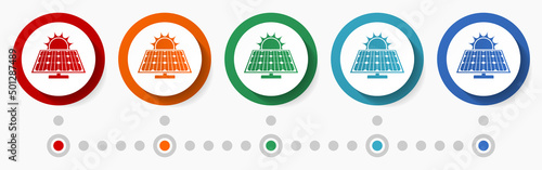 Solar energy, photovoltaic concept vector icon set, infographic template, flat design circle colorful web buttons in 5 color options