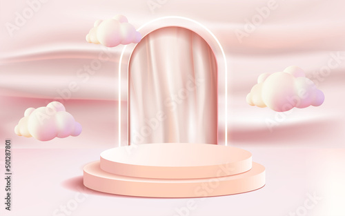 3d abstract scene rendered luxury pink double tier podium showcase vector 3d with wavy pink abstract background