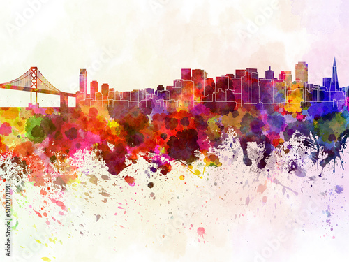 San Francisco skyline in watercolor background