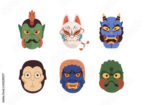 Japan noh masks set. Kabuki theater evil devils, animals, monsters faces. Asian oriental heads of demon, kitsune, hannya, fudo, korobase. Flat graphic vector illustrations isolated on white background