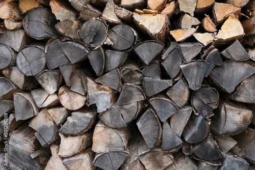 Fresh brown pile of tree stumps, woods structure. Wooden pattern background. Ecological heating, renewable energy sources. Ecological fuel. Sawmill, woodworking industry
chopped firewood