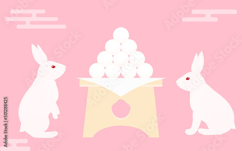 月見団子とうさぎ、ピンクのエ霞の背景