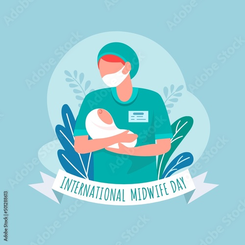 Vector illustration of a midwife holding a baby in her arms. International Midwife Day.