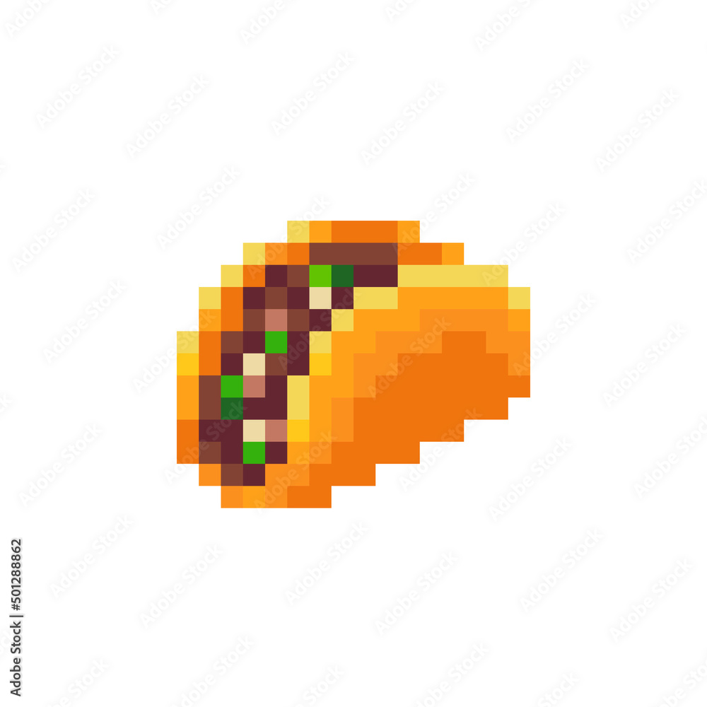 Obraz premium Stuffed Flatbread, pixel art icon, fried meat pastries and vegetable isolated vector illustration. 8-bit sprite. Design for stickers, logo, mobile app.
