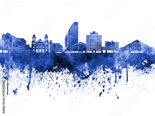 San Jose skyline in blue watercolor on white background