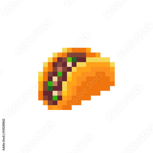 Stuffed Flatbread, pixel art icon, fried meat pastries and vegetable isolated vector illustration. 8-bit sprite. Design for stickers, logo, mobile app.