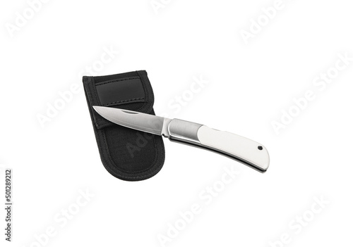 Folding knife with white ivory handle. Luxury pocket knife. Isolate on a white back.