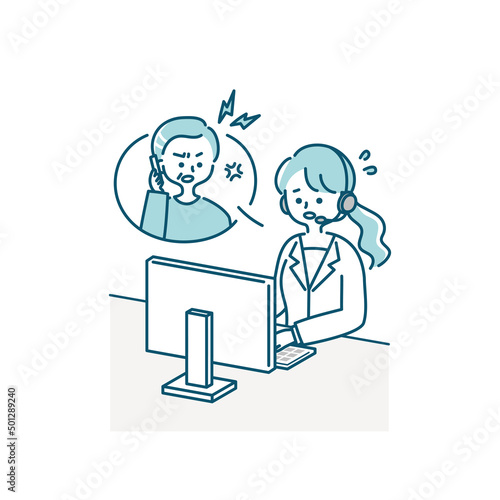 コールセンターで働く女性オペレーターのイラスト素材（シニア男性と会話）