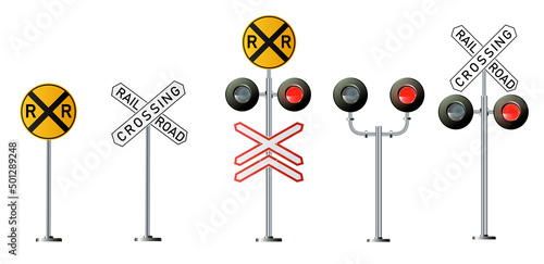 Railway signs set isolated on a white background. Vector railroad traffic light photo