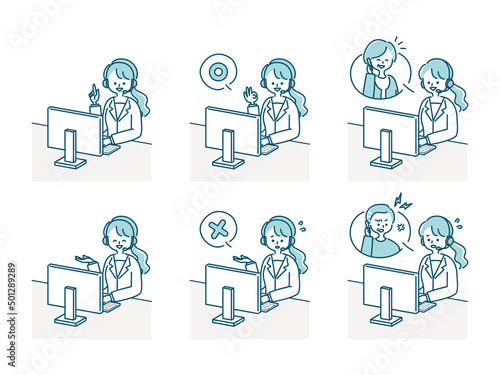 コールセンターで働く女性オペレーターのイラスト素材セット