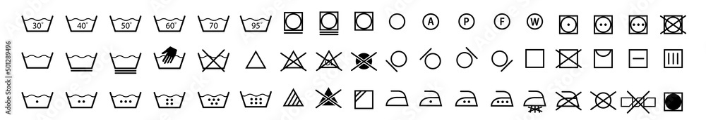 Laundry icons. Garment care instructions on labels, machine wash or ...