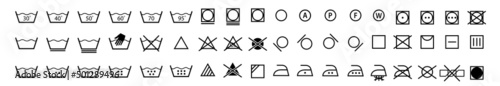 Laundry icons. Garment care instructions on labels, machine wash or hand wash signs. Collection of symbols of water temperature, ironing and drying, types of textiles and fabrics.Vector