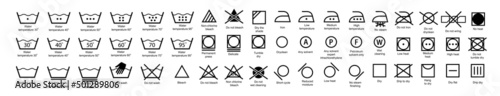 Laundry icons. Garment care instructions on labels, machine wash or hand wash signs. Collection of symbols of water temperature, ironing and drying, types of textiles and fabrics.Vector