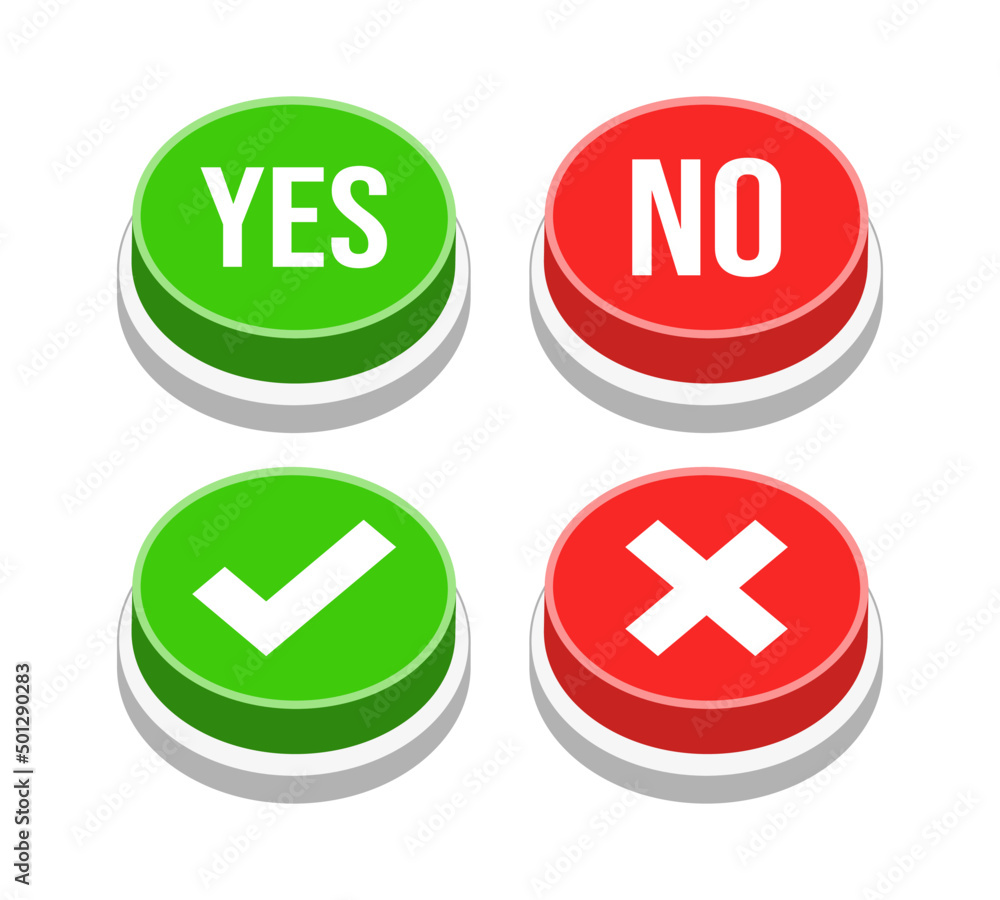 3D illustration vector circular push button icon. Yes, no, check and cross mark symbol. Right and wrong choice. Top perspective view. 3D illustration vector circular push button icon. Yes, no, check and cross mark symbol. Right and wrong choice. Top perspective view.