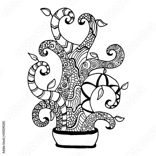 doodle tree art. hand drawn vector. paisley pattern. beautiful branch with leaf in pot, flowerpot. white and black colors. tattoo design. doodle for logo, sticker, clipart, poster, coloring book. 