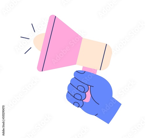 Hand holding loudspeaker for announcement. Megaphone, loud speaker for alert, promotion, warning. Human with bullhorn icon. Notification concept. Flat vector illustration isolated on white background