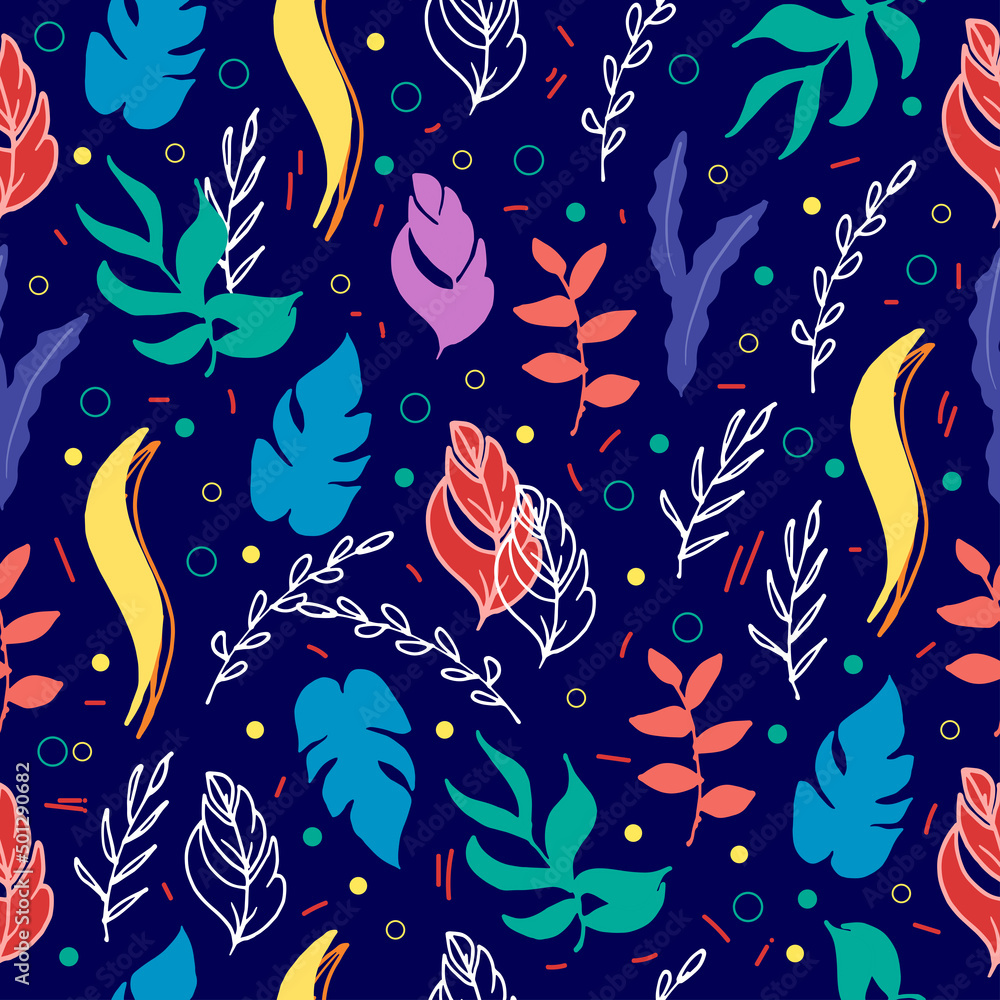 Fototapeta colorful leaves illustration on blue background. hawaiian sytle. hand drawn vector. seamless pattern with tropical leaf. retro background. wallpaper, fashion printing, fabric, textile, backdrop. 