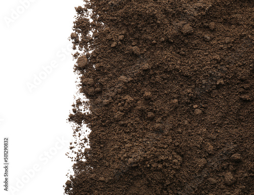 Obraz na plátně Pile of soil on white background, top view