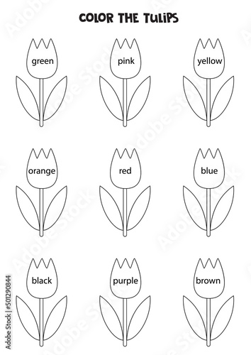 Read names of colors and color cute tulips. Educational worksheet for kids.