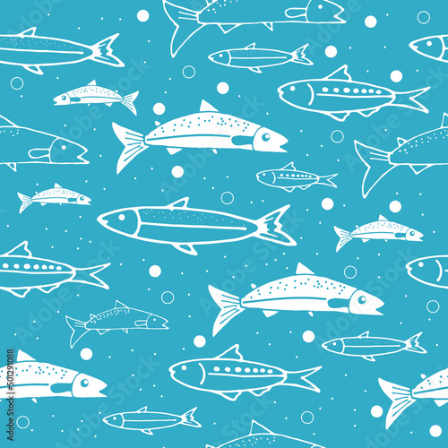 set of fish illustration on blue sea background. hand drawn vector. seamless pattern with fish icon. tuna, salmon and mackerel illustration. doodle art for wallpaper, fabric, textile, wrapping paper. 