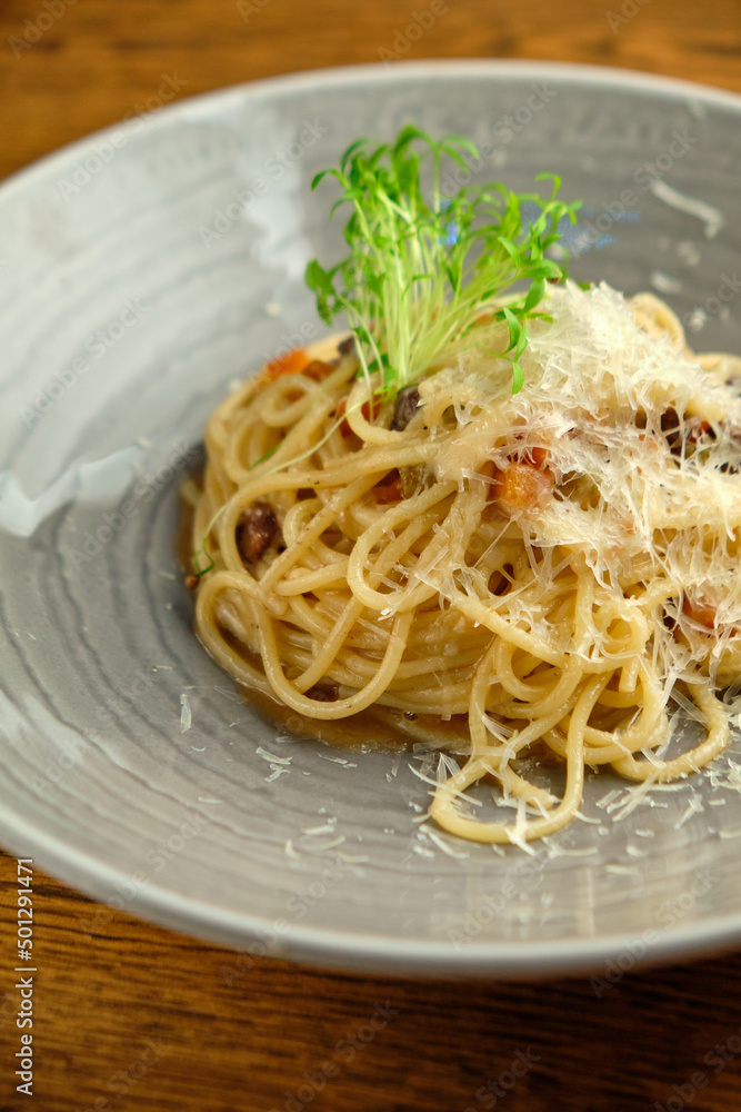 Spaghetti pasta with tomato sauce, mozzarella cheese