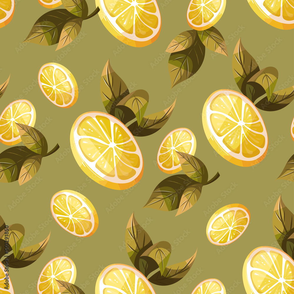 Seamless pattern with lemon and leaves. Tea shop, break, cafe-bar, tea lover, tea party, beverages concept. Perfect for product design, scrapbooking, textile, wrapping. Seamless pattern with lemon and leaves. Tea shop, break, cafe-bar, tea lover, tea party, beverages concept. Perfect for product design, scrapbooking, textile, wrapping.