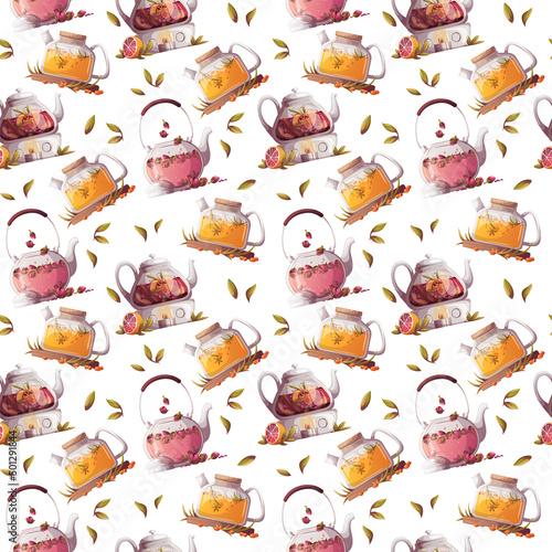 Seamless pattern with teapots. Fruit tea, rose tea, sea buckthorn tea. Perfect for product design, scrapbooking, textile, wrapping.
