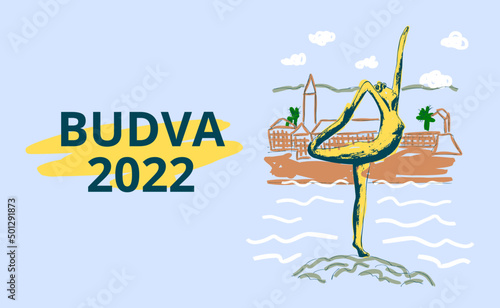 Digital vector image. Panorama of montenegro.View of the old town of Budva.Graphic sketch of ballerina sculpture. Drawing print.Eps horizontal template design for card, banner