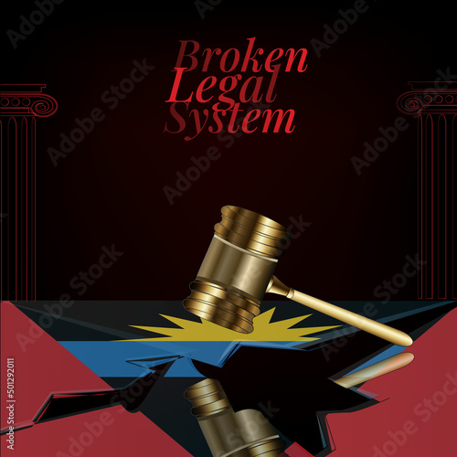 Antigua and Barbuda's broken legal system concept art.Flag of Antigua and Barbuda and a gavel