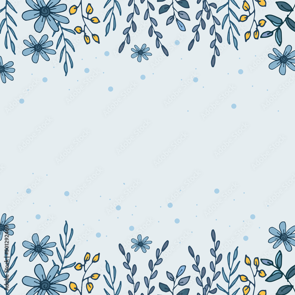 beautiful vintage blue floral frame. hand drawn vector. flower and leaf illustration on blue background. wallpaper, greeting and invitation card, wedding card. flat design, blank space template. 