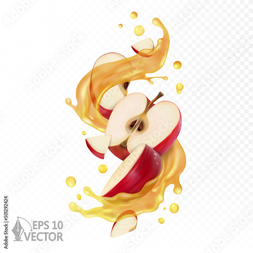 Real swirl of juicy red apples, halves and pieces, natural apple juice, transparent splash and drops, 3d realistic vector illustration