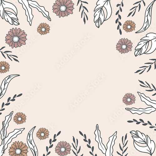 vintage floral frame, border. leaf and flower illustration on pink background. hand drawn vector. blank space design template for text. doodle art for wallpaper, poster, greeting and invitation card. 