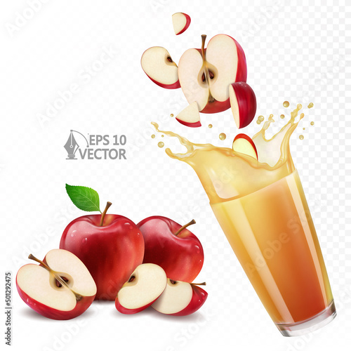 Natural apple juice in a glass, juicy splash and drops, set of real fresh red apples, slices and halves, 3d realistic vector illustration