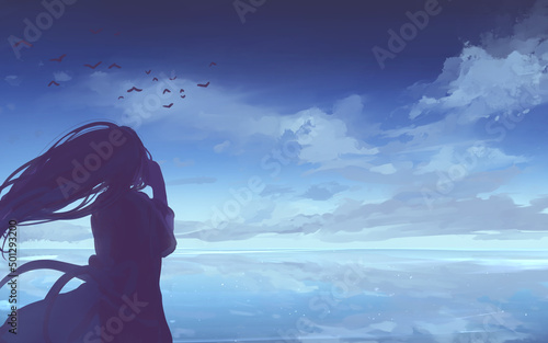 女の人と水面に映り込む青空 © Iro Kasumi