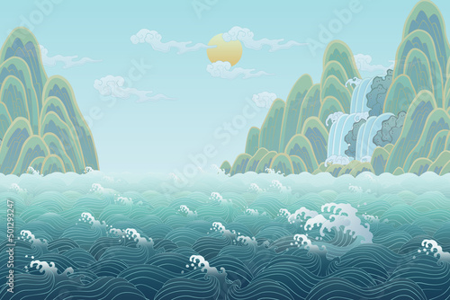 oriental painting illustration wallpapers sea and mountains 동양화 일러스트 바다와 산 © pil