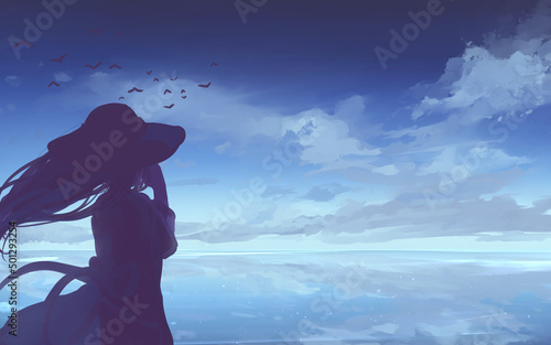 女の人と水面に映り込む青空 © Iro Kasumi