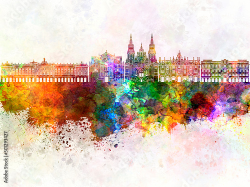 Santiago de Compostela skyline in watercolor background