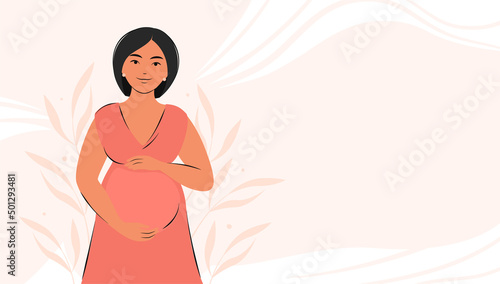 Pregnant asian woman, future mom, hugging belly with arms. Banner about pregnancy and motherhood with place for text. Vector illustration.