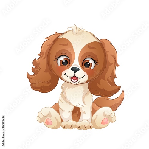 Cute gold spaniel puppy, cartoon dog. Lovely pets, vector illustration.